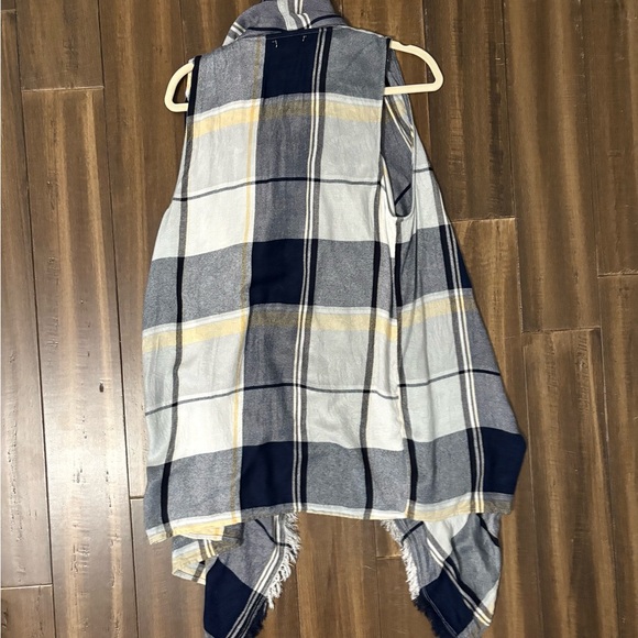 Plaid Open Front Shawl Navy White Plaid Frayed Hem Cardigan Fall Winter Y2K - Picture 8 of 8